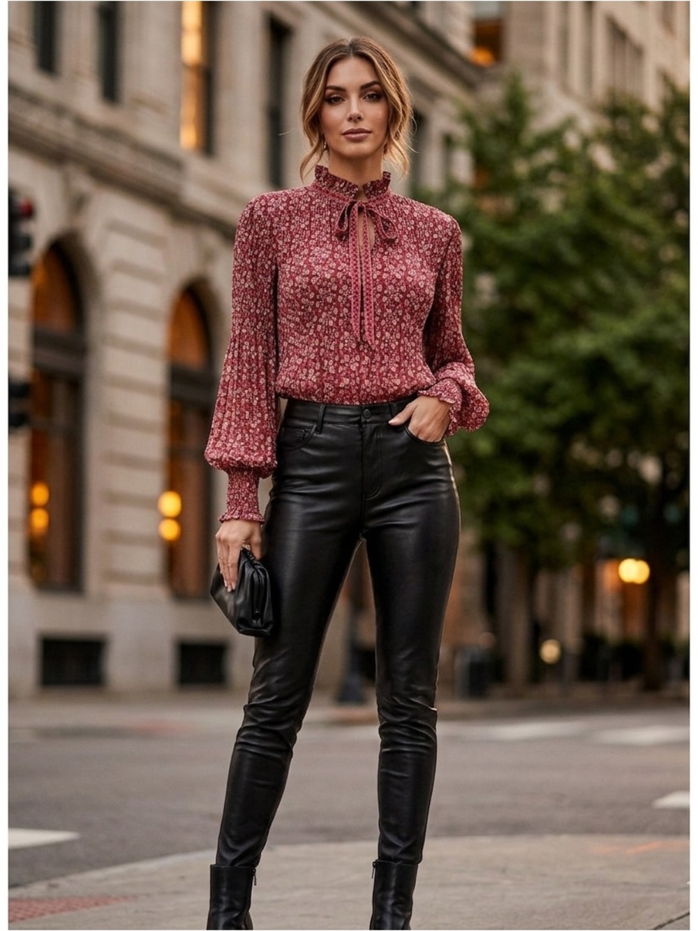 Max Studio Pleated Floral Tie-Neck Blouse - Size L
Description